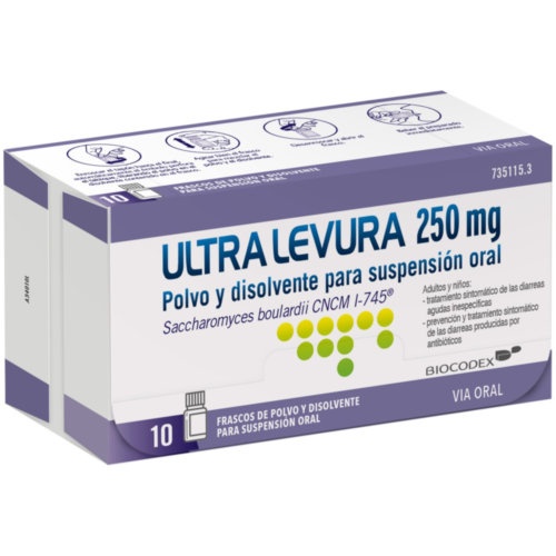 ULTRA-LEVURA 250 MG POLVO Y DISOLVENTE PARA SUSPENSION ORAL, 10 frascos